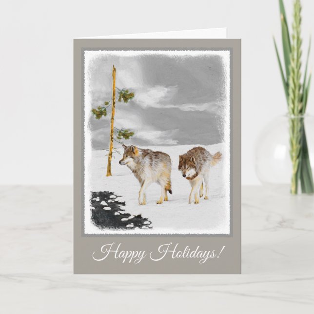 Wolves in Snow Painting - Original Wildlife Art Holiday Card (Front)