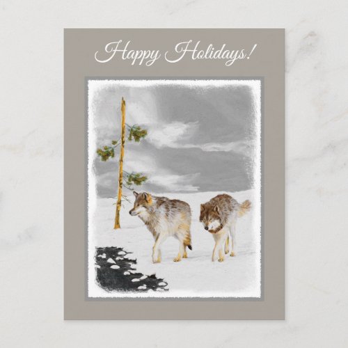 Wolves in Snow Painting _ Original Wildlife Art Holiday Postcard