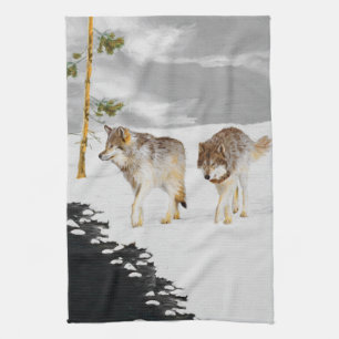 Wolves in Snow Painting - Original Wildlife Art Kitchen Towel