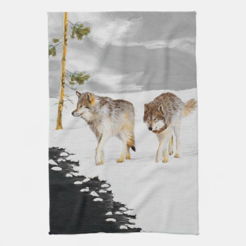 Wolves in Snow Painting _ Original Wildlife Art Kitchen Towel