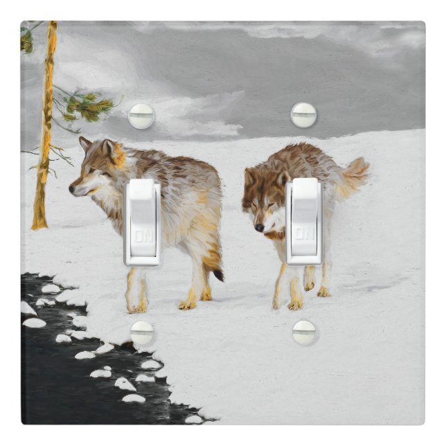 Wolves in Snow Painting - Original Wildlife Art Light Switch Cover (In Situ)