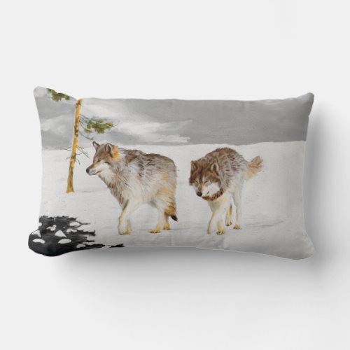 Wolves in Snow Painting _ Original Wildlife Art Lumbar Pillow