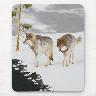 Wolves in Snow Painting - Original Wildlife Art Mouse Pad