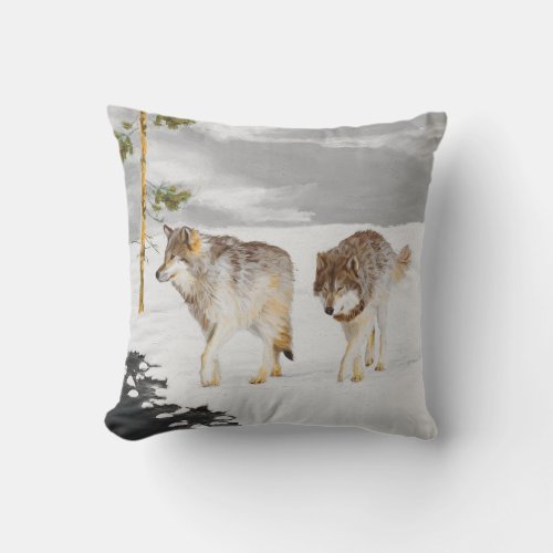 Wolves in Snow Painting _ Original Wildlife Art Outdoor Pillow