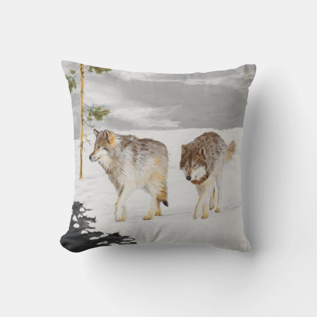 Wolves in Snow Painting - Original Wildlife Art Outdoor Pillow (Front)