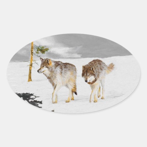 Wolves in Snow Painting _ Original Wildlife Art Oval Sticker