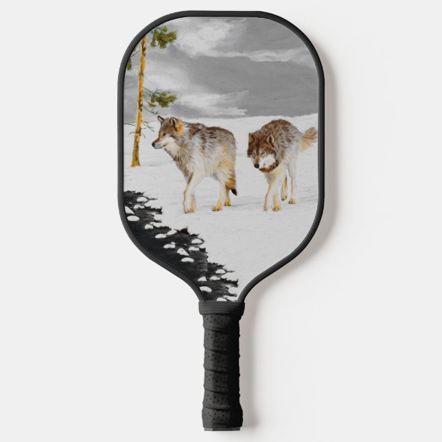 Wolves in Snow Painting - Original Wildlife Art Pickleball Paddle (Front)