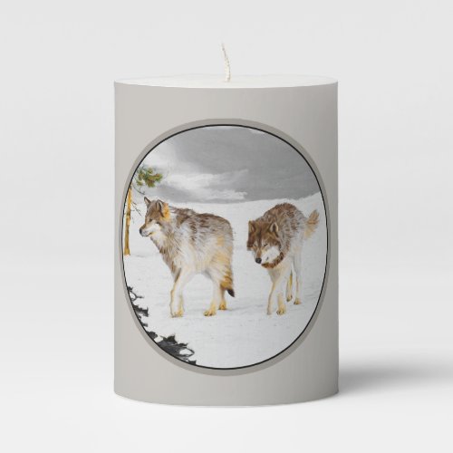 Wolves in Snow Painting _ Original Wildlife Art Pillar Candle