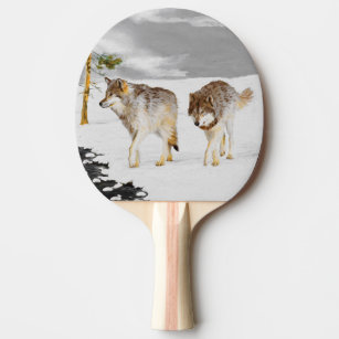 Wolves in Snow Painting - Original Wildlife Art Ping Pong Paddle