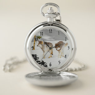 Wolves in Snow Painting - Original Wildlife Art Pocket Watch