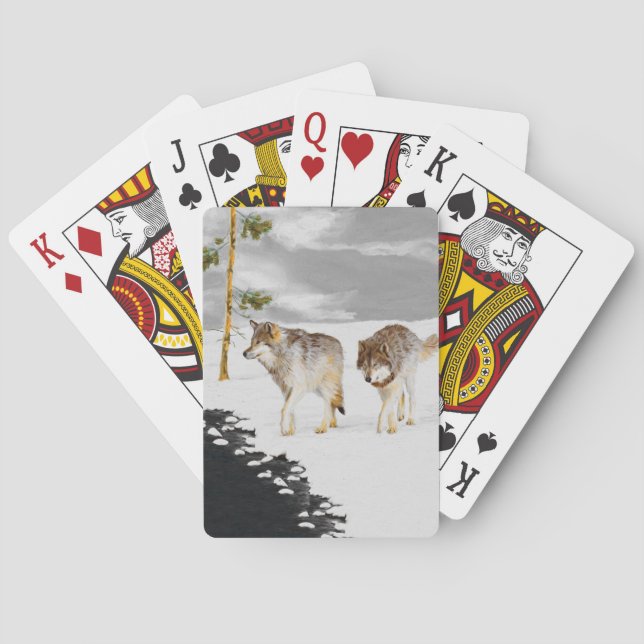 Wolves in Snow Painting - Original Wildlife Art Poker Cards (Back)