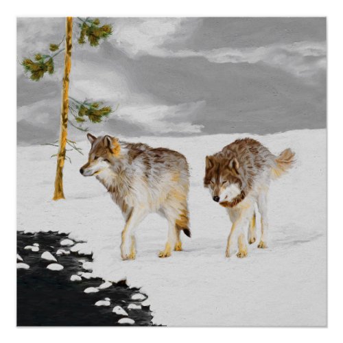 Wolves in Snow Painting _ Original Wildlife Art Poster