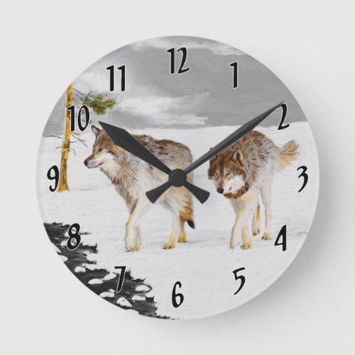 Wolves in Snow Painting _ Original Wildlife Art Round Clock