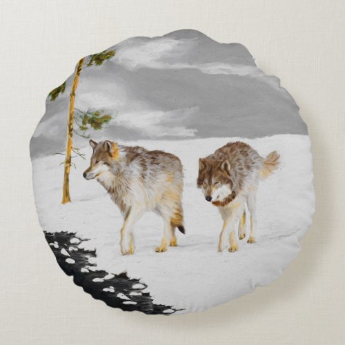 Wolves in Snow Painting _ Original Wildlife Art Round Pillow