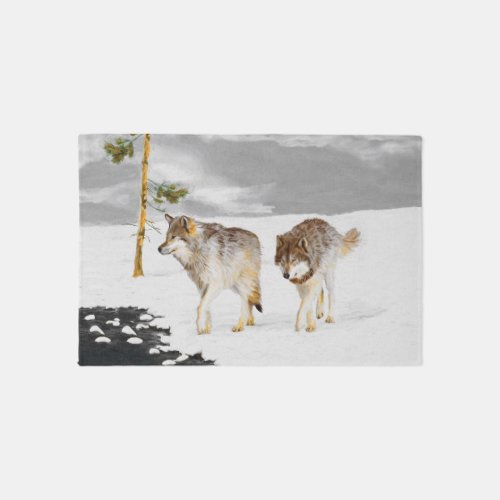 Wolves in Snow Painting _ Original Wildlife Art Rug