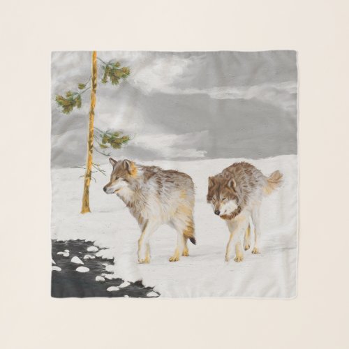 Wolves in Snow Painting _ Original Wildlife Art Scarf