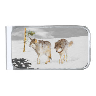 Wolves in Snow Painting - Original Wildlife Art Silver Finish Money Clip