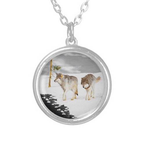 Wolves in Snow Painting _ Original Wildlife Art Silver Plated Necklace