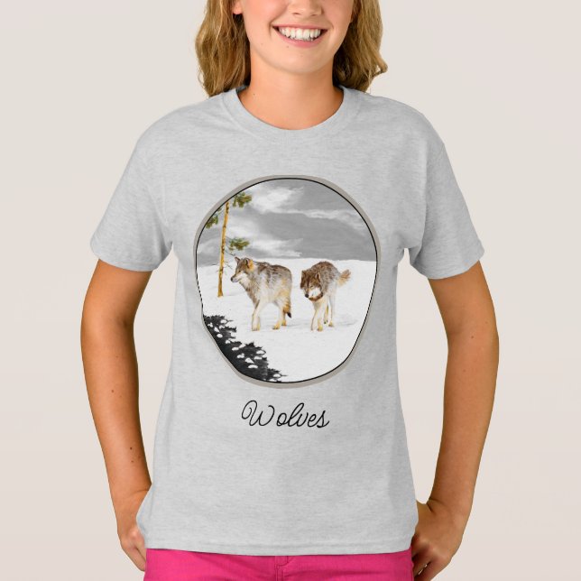 Wolves in Snow Painting - Original Wildlife Art T- T-Shirt (Front)