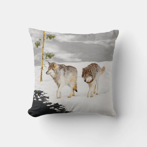 Wolves in Snow Painting _ Original Wildlife Art Throw Pillow