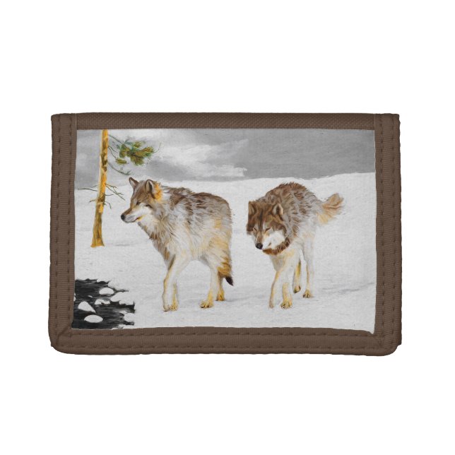 Wolves in Snow Painting - Original Wildlife Art Trifold Wallet (Front)
