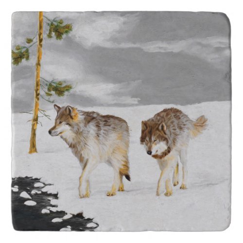 Wolves in Snow Painting _ Original Wildlife Art Trivet