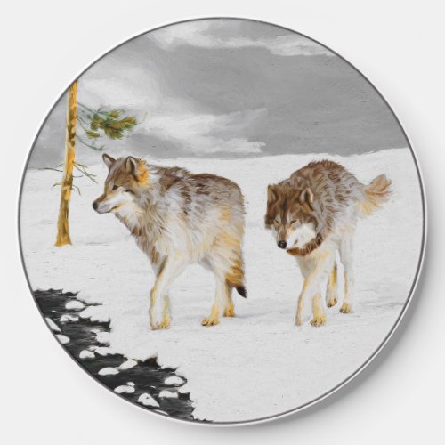 Wolves in Snow Painting _ Original Wildlife Art Wireless Charger