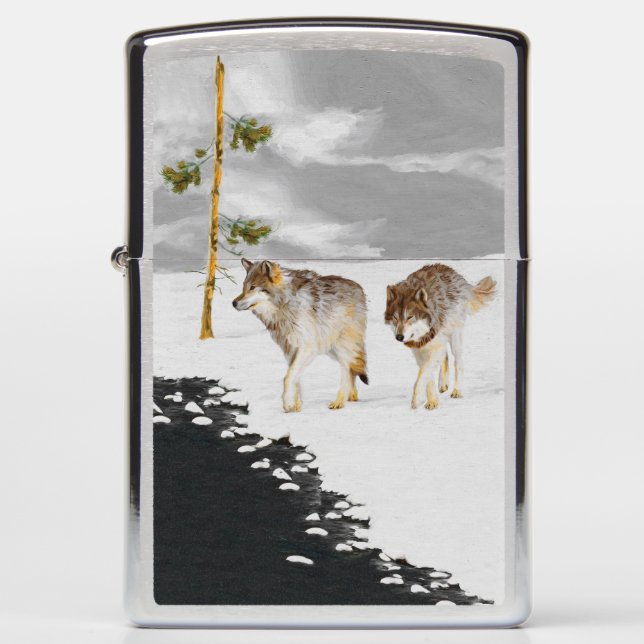 Wolves in Snow Painting - Original Wildlife Art Zippo Lighter (Front)