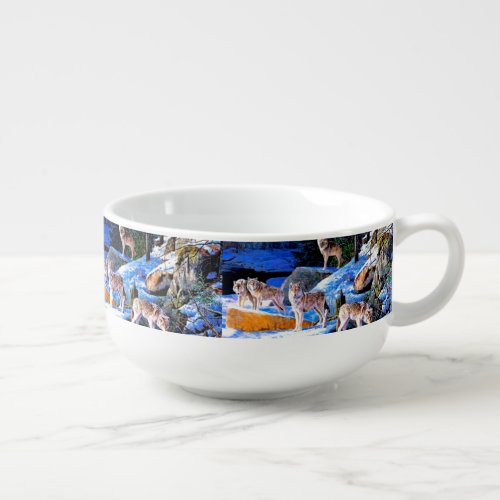 Wolves in snow painting soup mug