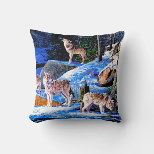 Wolves in snow painting throw pillow