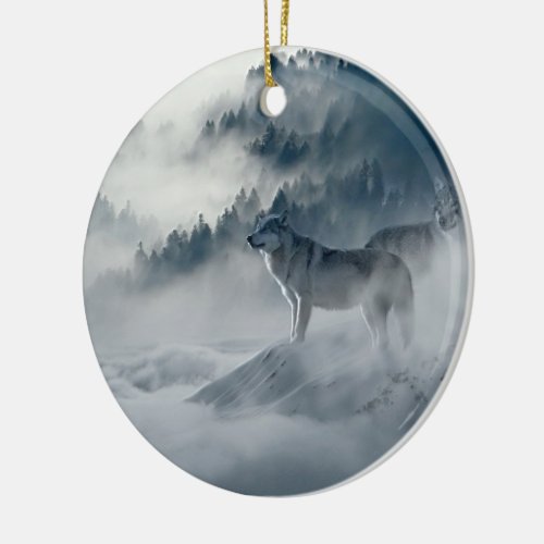 Wolves in Snowy Winter Landscape Ceramic Ornament