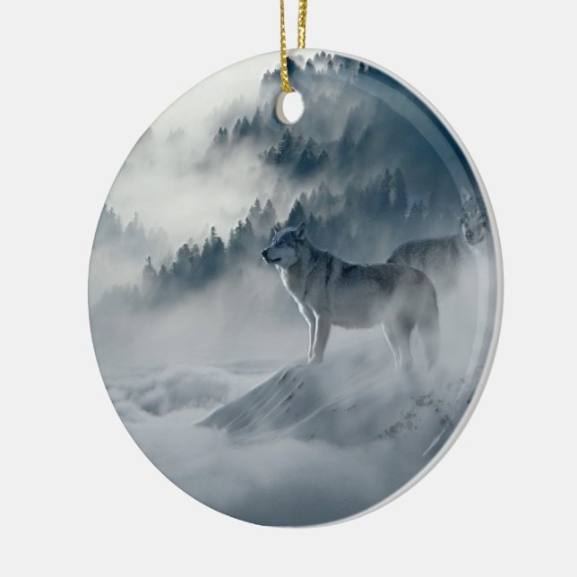 Wolves in Snowy Winter Landscape Ceramic Ornament (Left)
