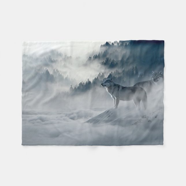 Wolves in Snowy Winter Landscape Fleece Blanket (Front (Horizontal))