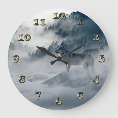Wolves in Snowy Winter Landscape Large Clock