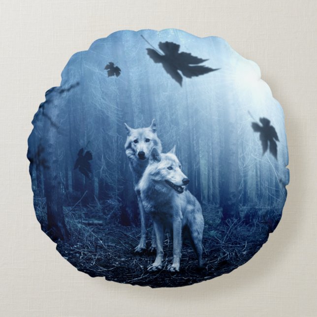 Wolves in the Forest at Dawn Round Pillow (Front)