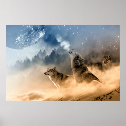 Wolves Moon Fog Nature Scenery Poster