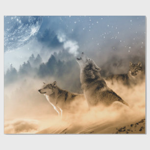 Wolves Moon Fog Nature Scenery Wrapping Paper