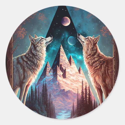 Wolves Mountain Visionary Fantasy Art Classic Round Sticker