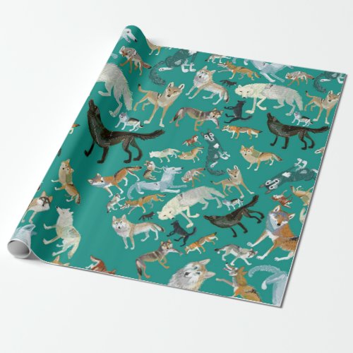 Wolves of the World Green Pattern Wrapping Paper