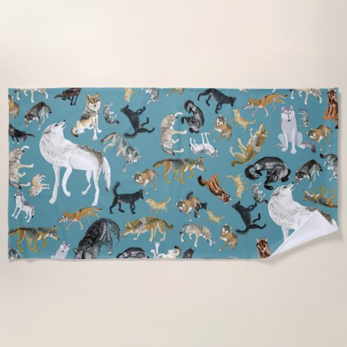 Wolves of the World Turquoise pattern Beach Towel