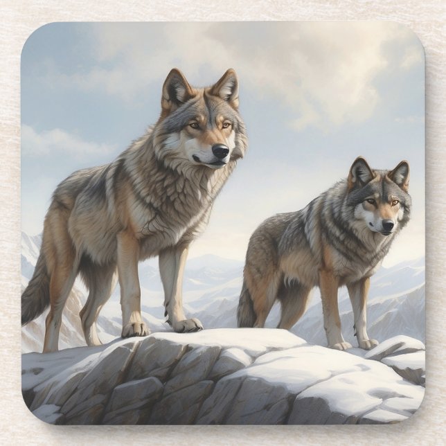 Wolves ON A Mountain TOp Beverage Coaster (Front)