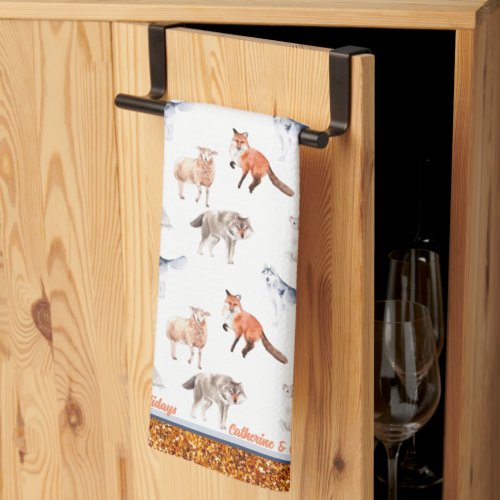 Wolves sheep foxes cat pattern on white background kitchen towel