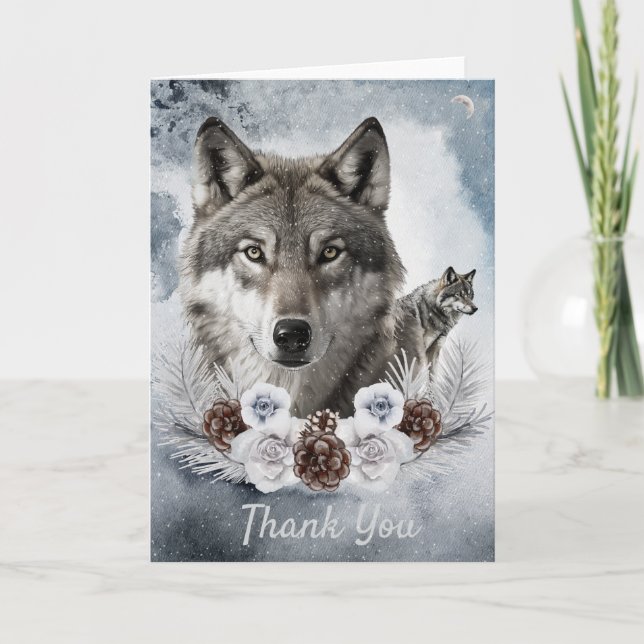 Wolves Watercolor Winter Letterpress Thank You Card (Front)