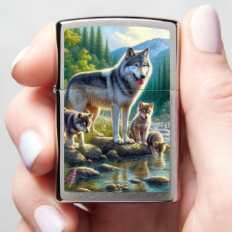 Wolves Wolf and Pups Zippo Lighter