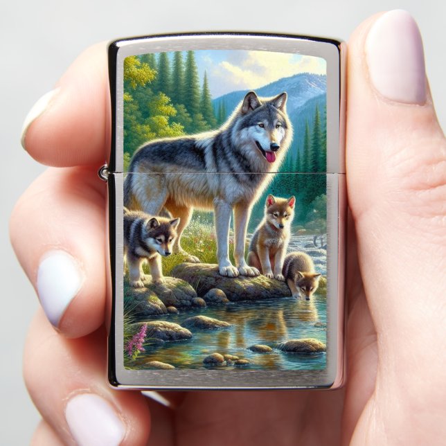Wolves Wolf and Pups Zippo Lighter (In Hand)