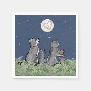Wolves Wolf Howling at Moon, Night Stars Animal Napkins