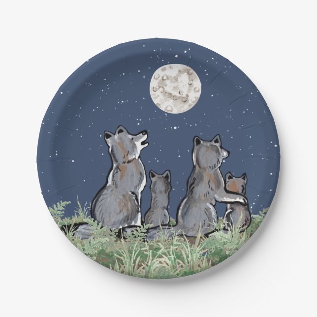 Wolves Wolf Howling at Moon, Night Stars Animal Paper Plates (Front)