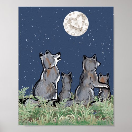 Wolves Wolf Howling at Moon Night Stars Animal Poster