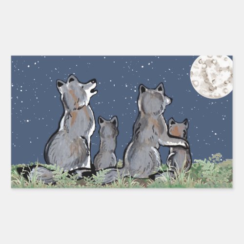 Wolves Wolf Howling at Moon Night Stars Animal Rectangular Sticker