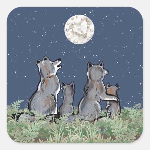 Wolves Wolf Howling at Moon Night Stars Animal Square Sticker